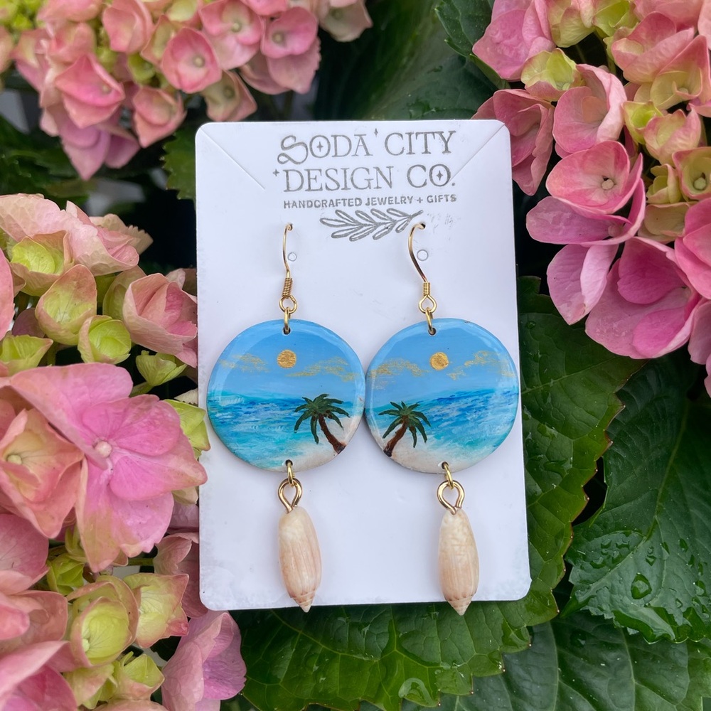 Tropical Beach Scene Earrings • Handcrafted Clay • Small Business